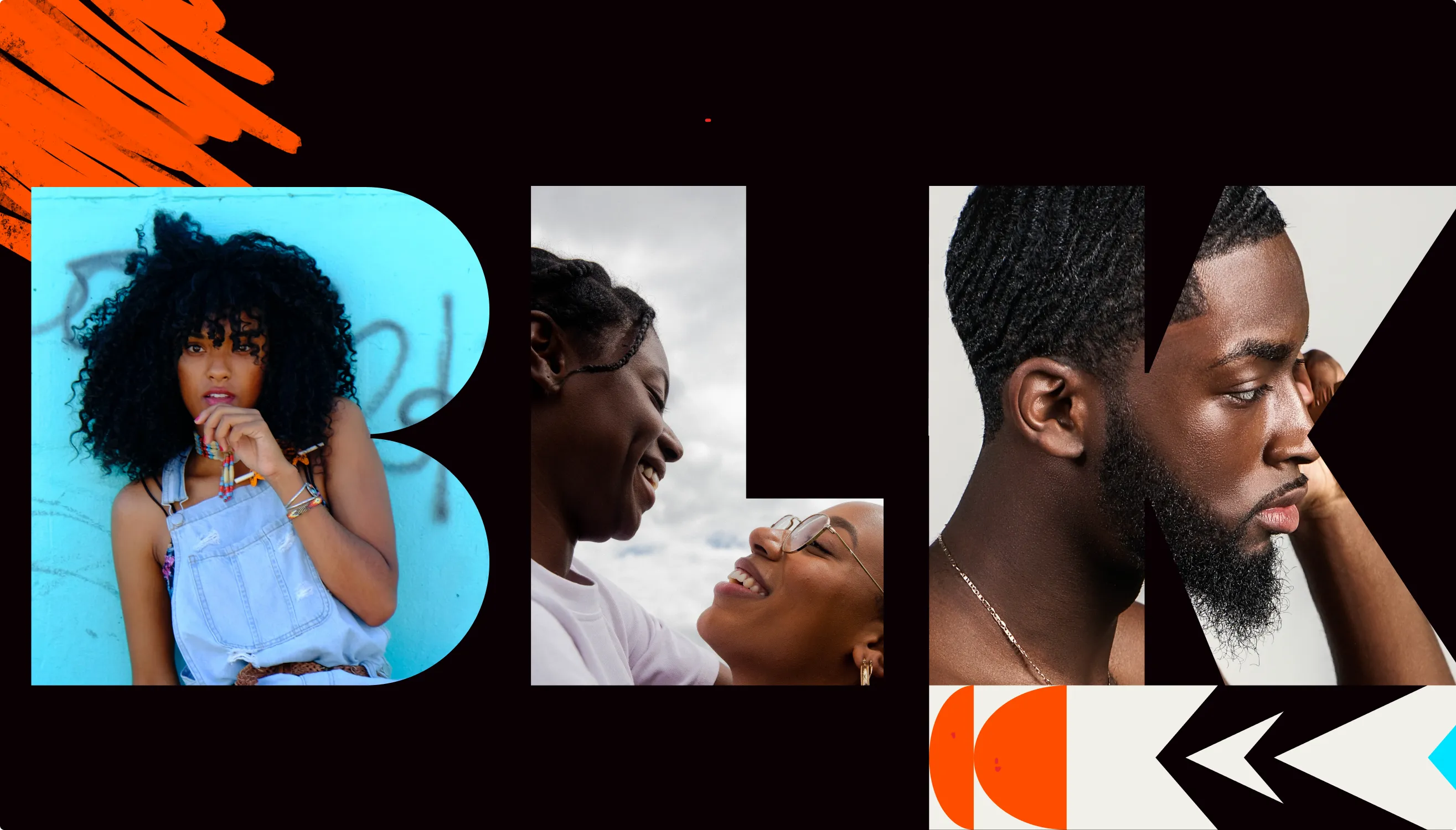 BLK dating app brand collage spelling B L K with portraits of Black singles and orange brush marks on black