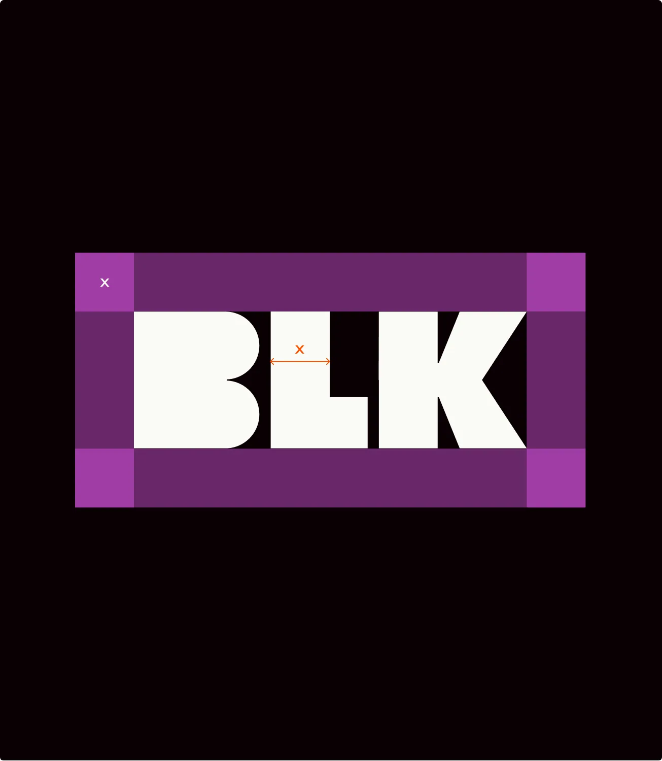 BLK logotype with safe-zone and spacing construction on purple