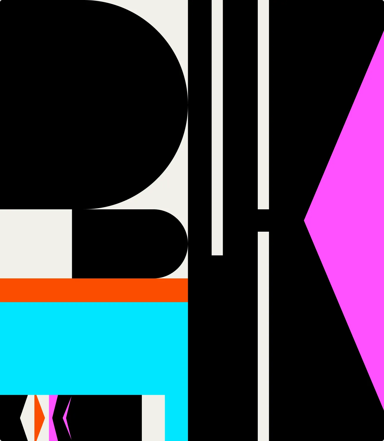 Oversized BLK letterforms in cream, magenta and cyan on black