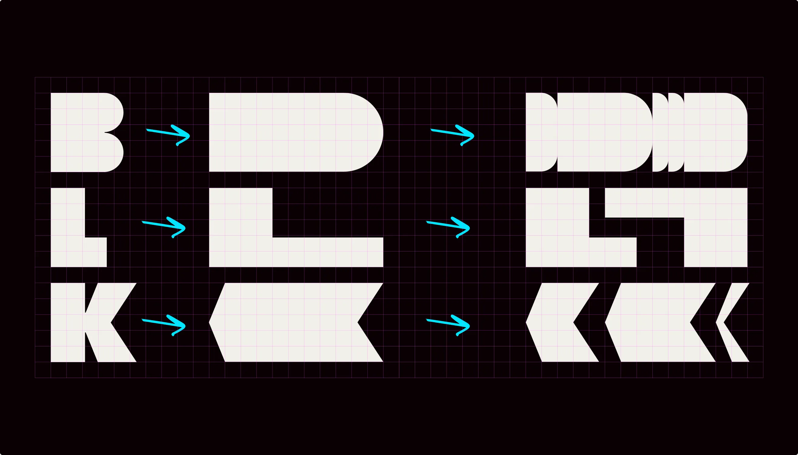 BLK logotype construction shown on a modular grid