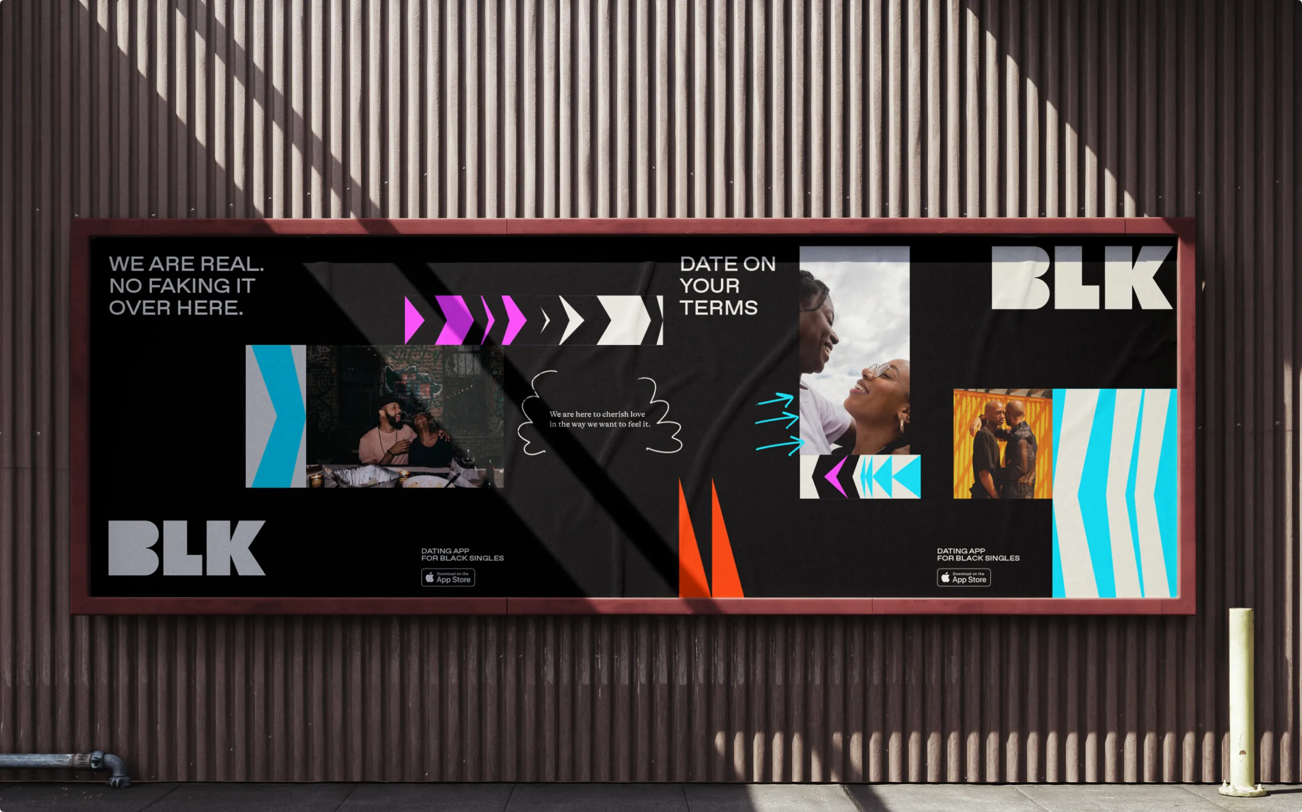 Outdoor billboard mockup with the BLK campaign line We are real, no faking it over here