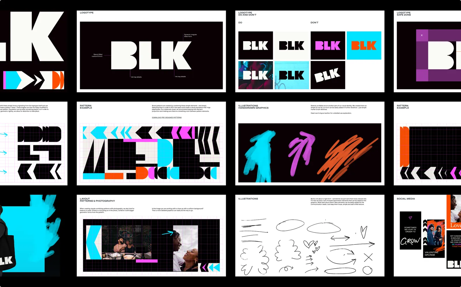 BLK brand guidelines spreads covering logotype, patterns and hand-drawn illustrations