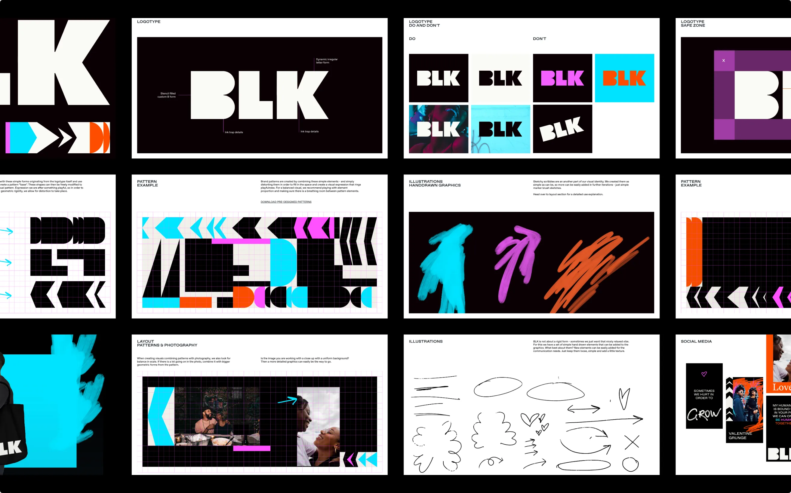BLK brand guidelines spreads covering logotype, patterns and hand-drawn illustrations
