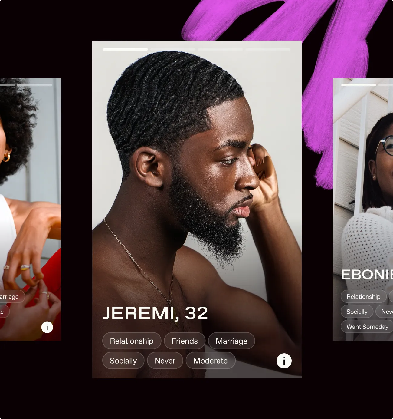 BLK app profile screens for Jeremi, 32 with interest tags
