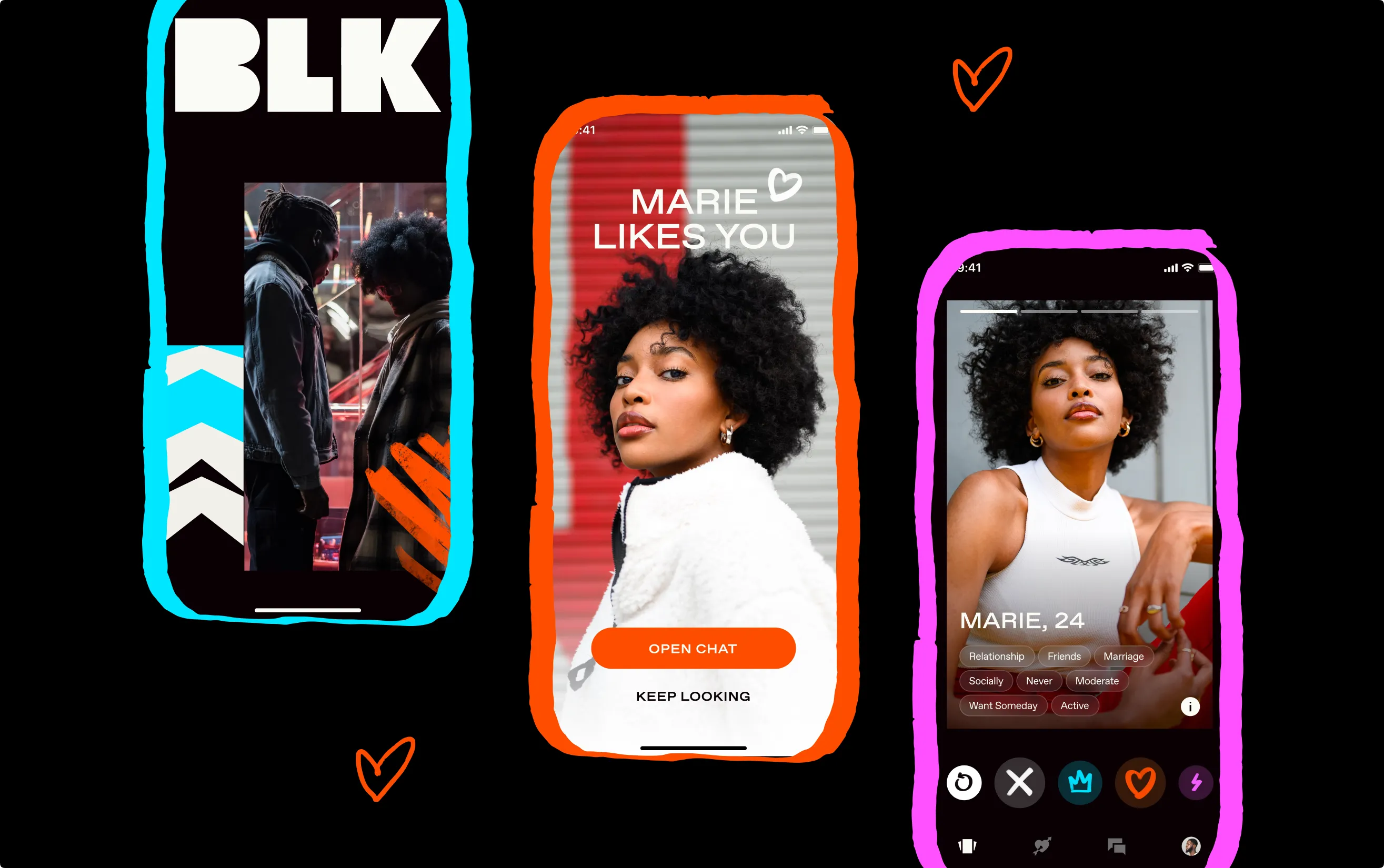 Three BLK app screens including a splash, a Marie likes you match alert and a profile