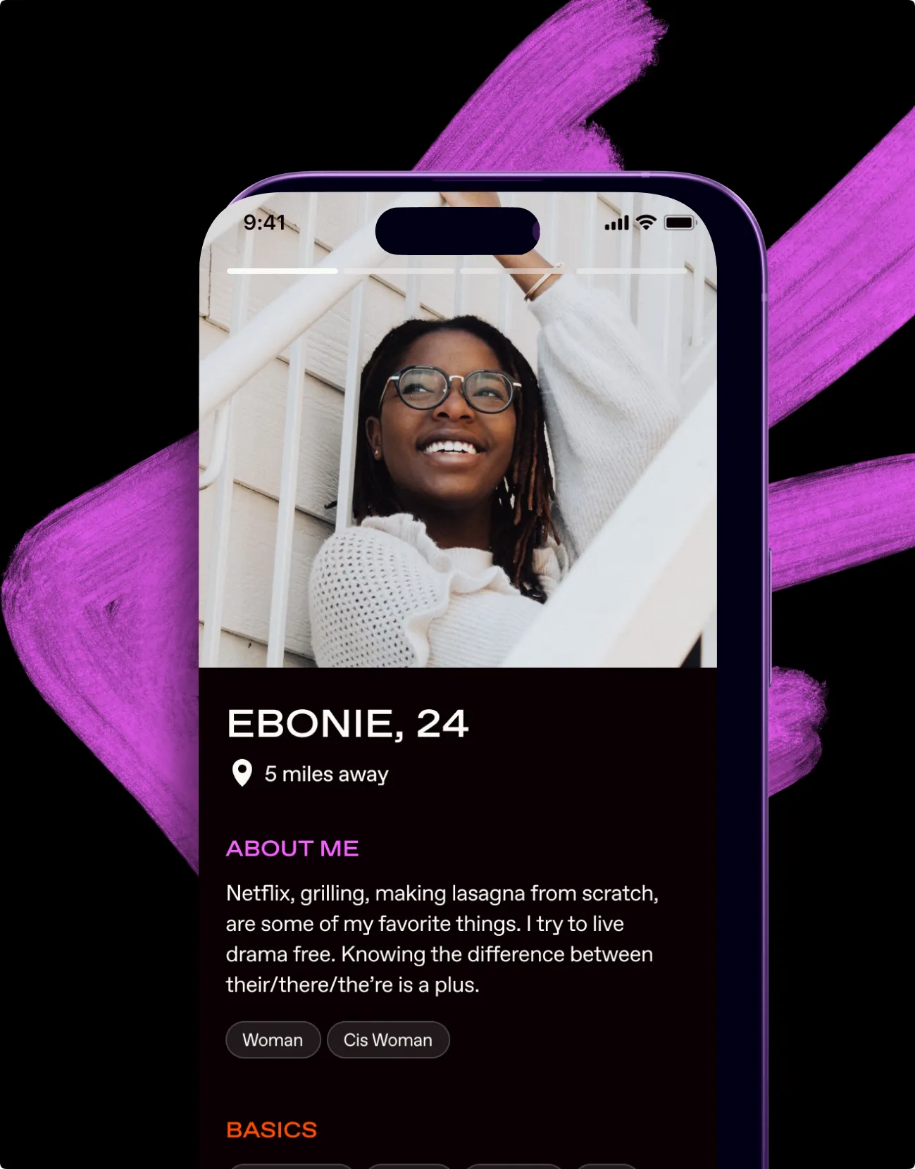 BLK app profile for Ebonie, 24 on an iPhone against magenta brushstrokes