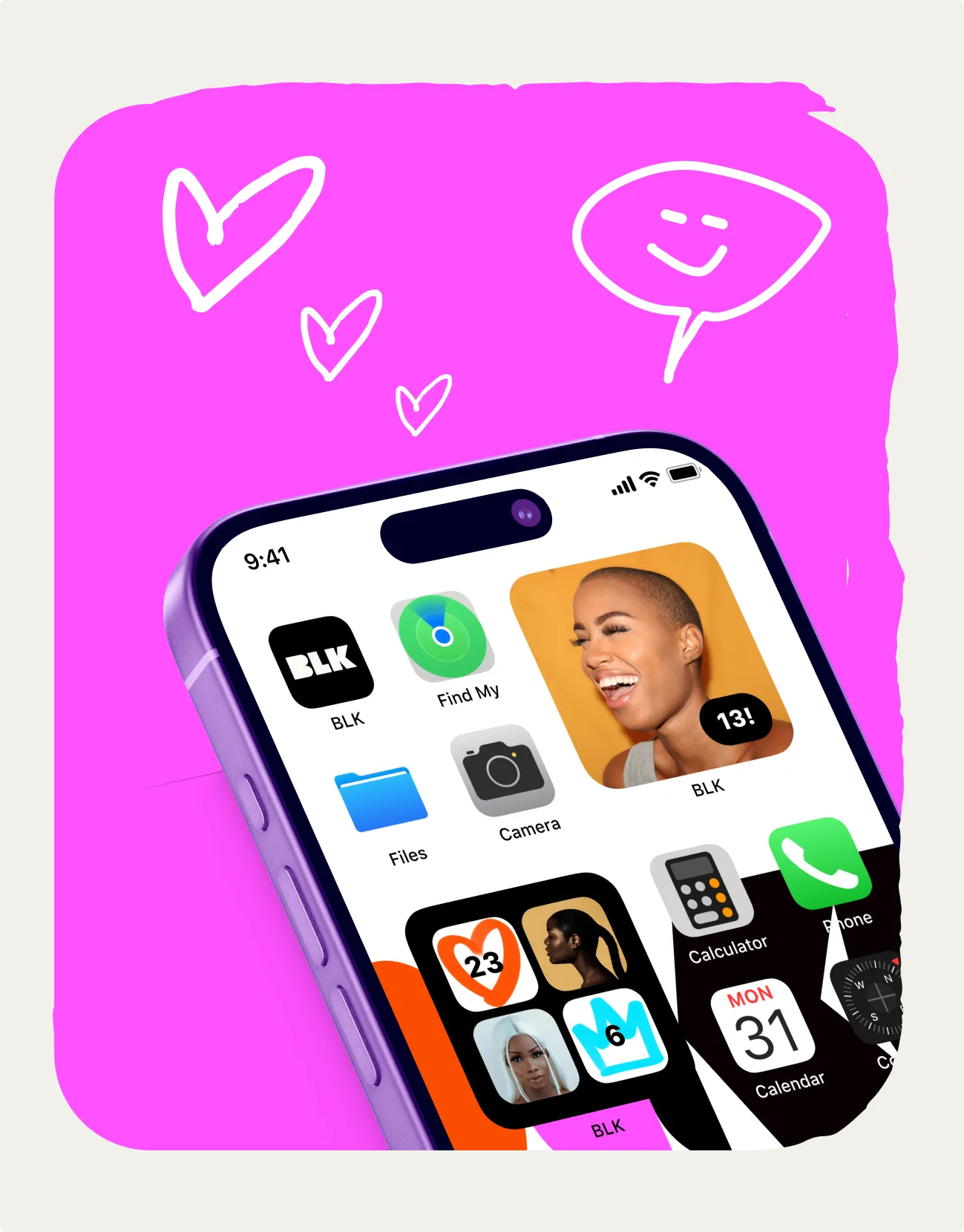iPhone home screen featuring the black BLK app icon and widgets