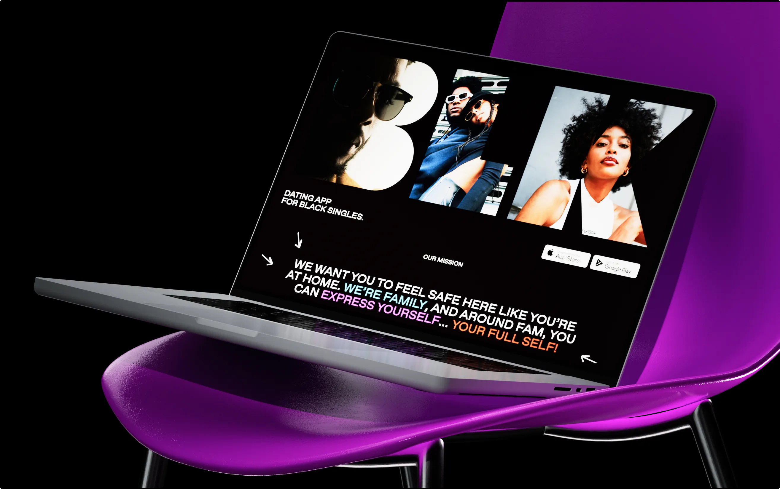 BLK website mission page open on a laptop resting on a purple chair