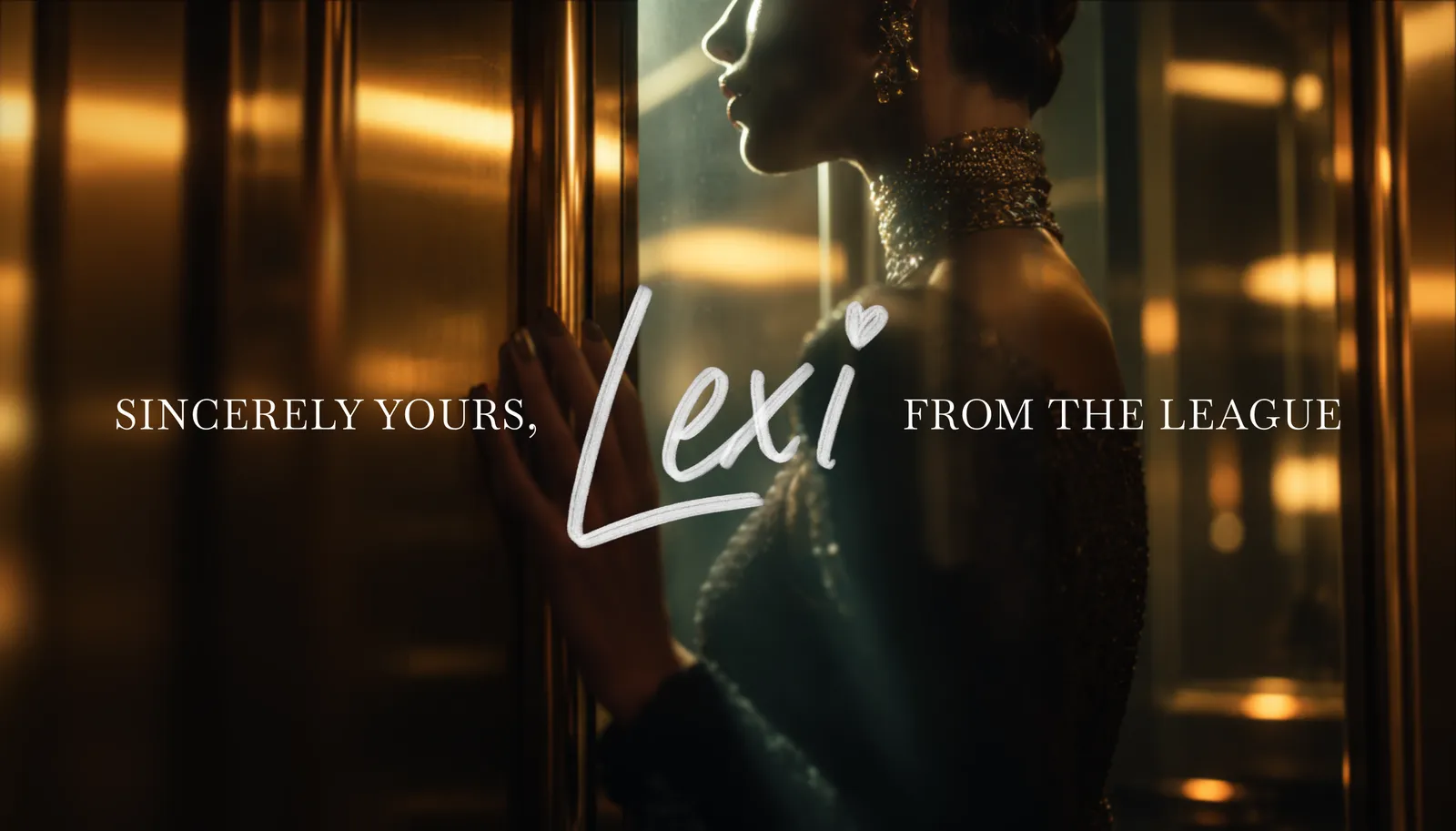 Sincerely yours, Lexi from The League — a woman in an evening dress in a gold-lit doorway
