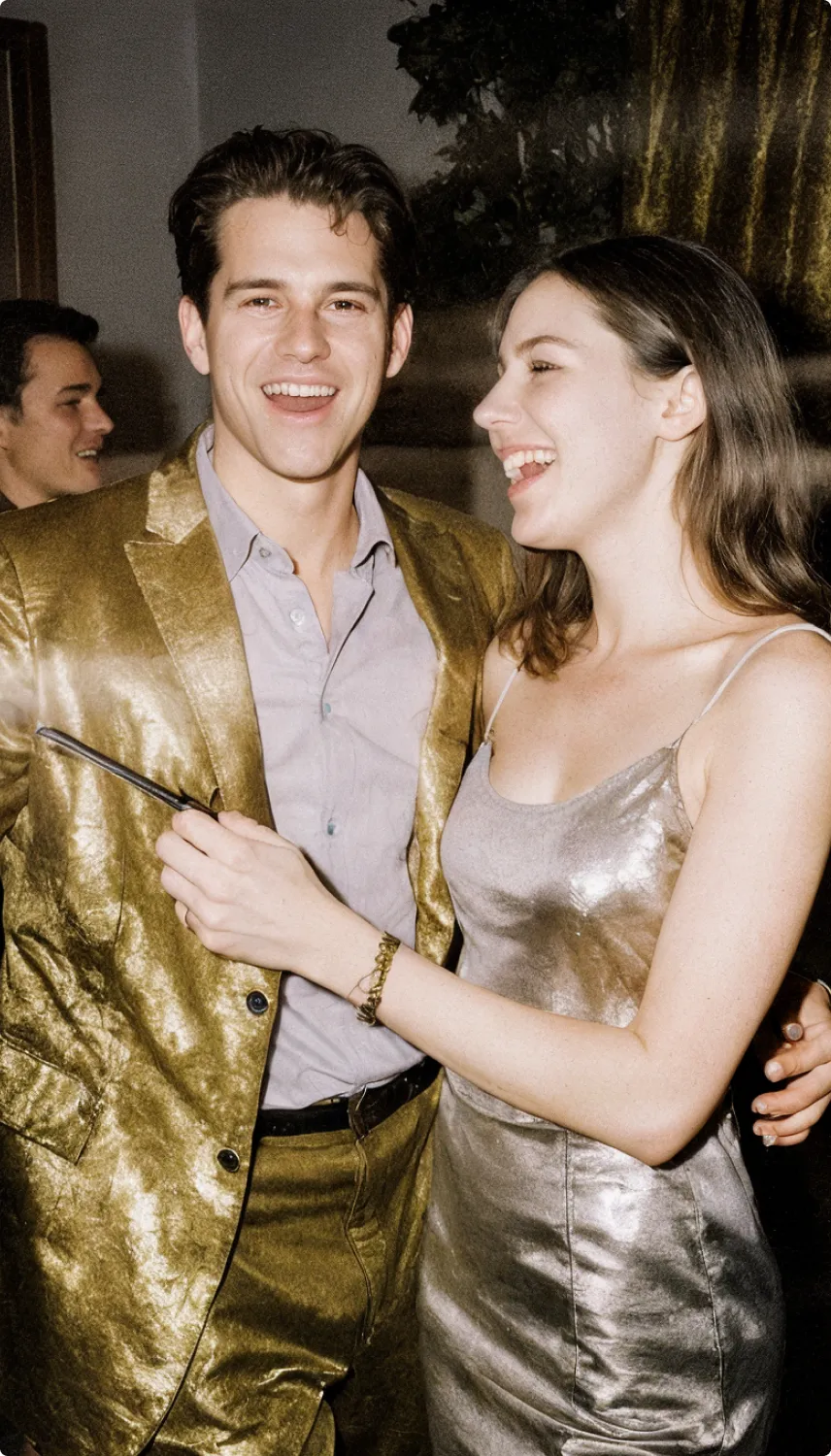 Two people laughing at a party in gold and silver evening wear