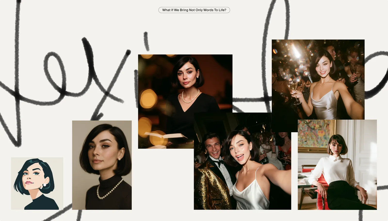 Moodboard for Lexi’s face: portraits, party scenes, and an illustrated avatar over her signature