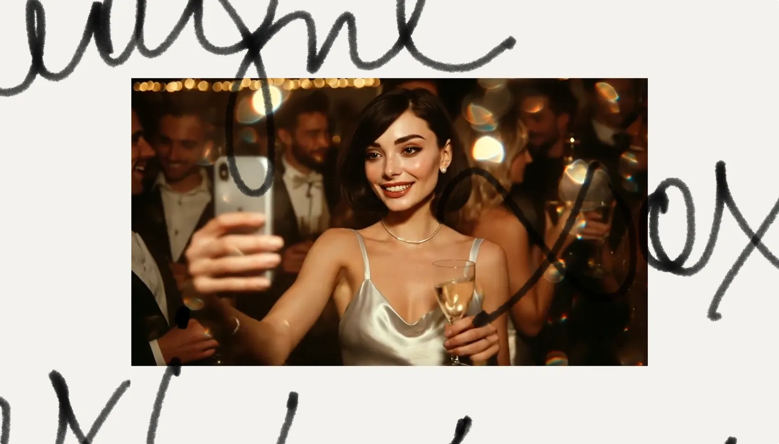 Lexi taking a selfie with a glass of champagne at a party, over her own handwriting