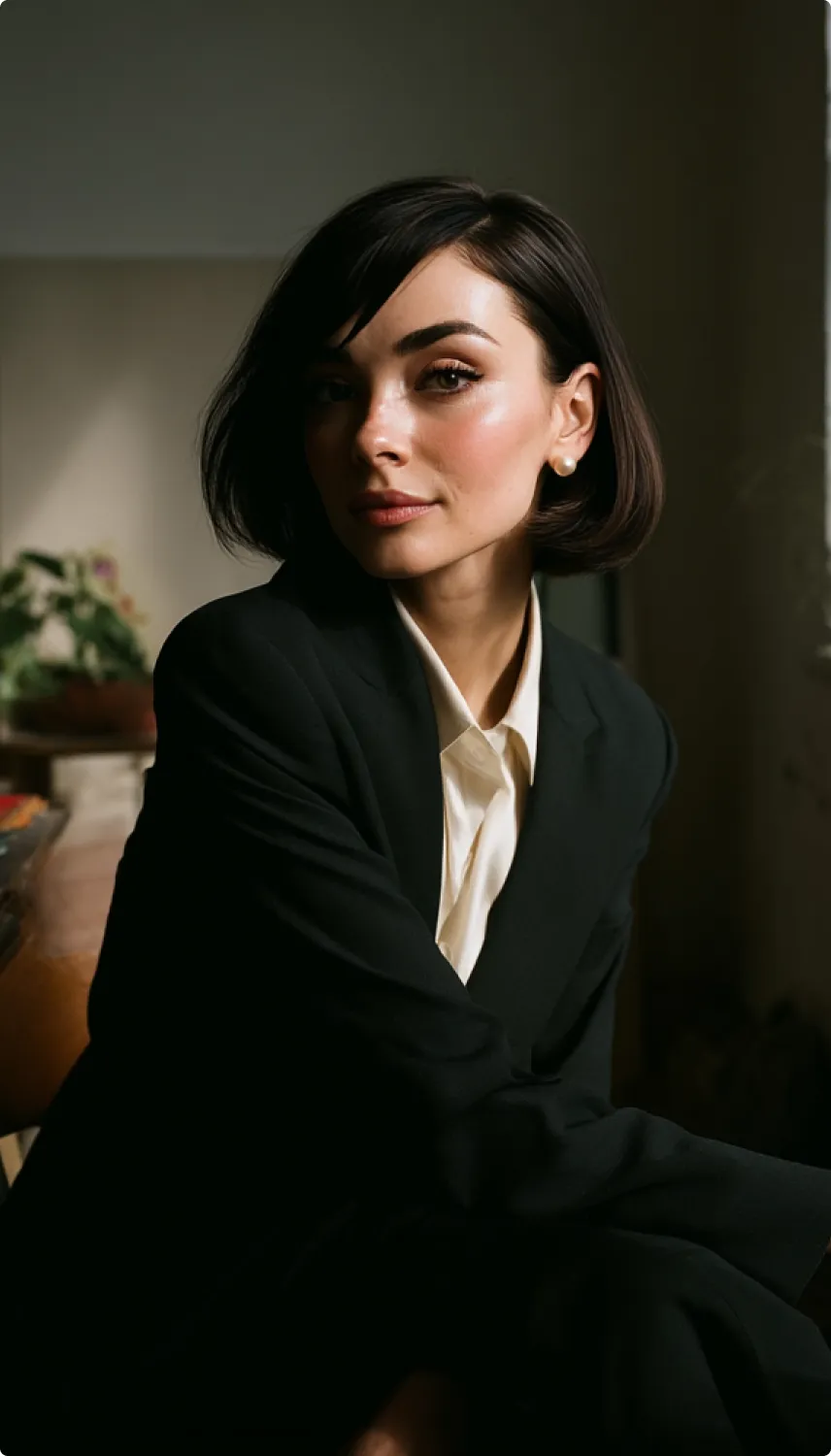 Portrait of Lexi in a black blazer and cream shirt in low light