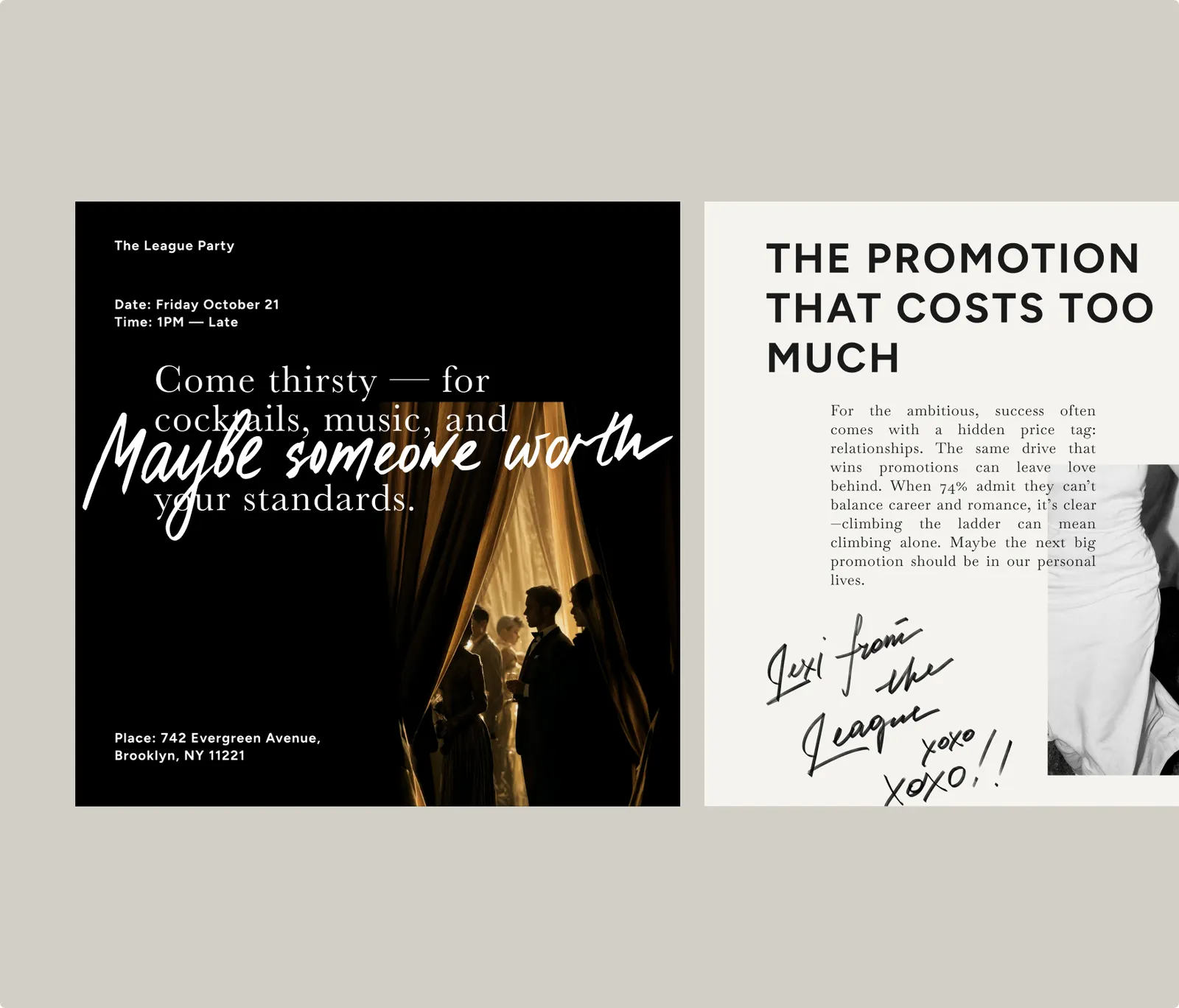 A party invitation beside an editorial column titled The Promotion That Costs Too Much, signed by hand