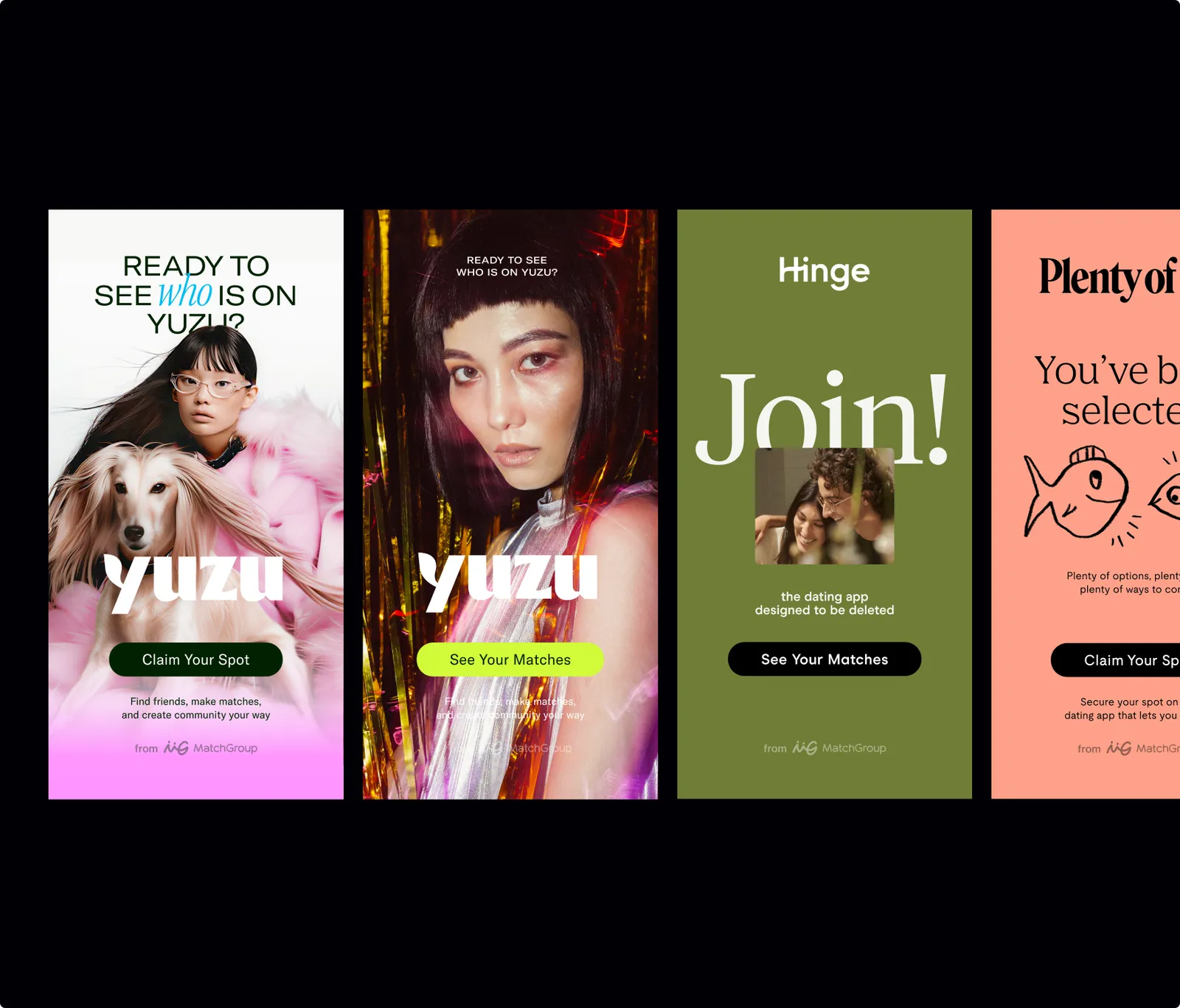 Full-screen banners for Yuzu, Hinge, and Plenty of Fish, each ending in a Claim Your Spot button