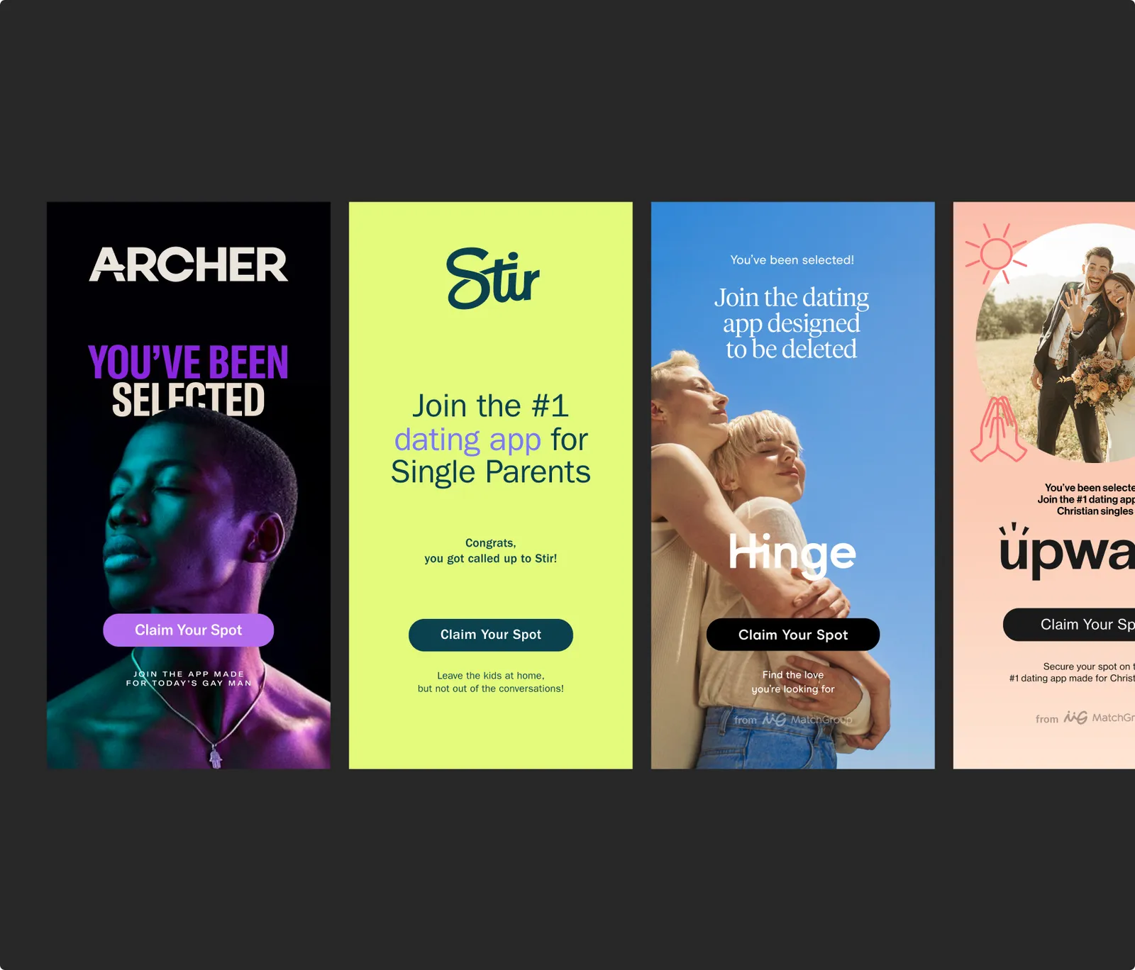 Banners for Archer, Stir, Hinge, and Upward, each in the destination app’s own colors