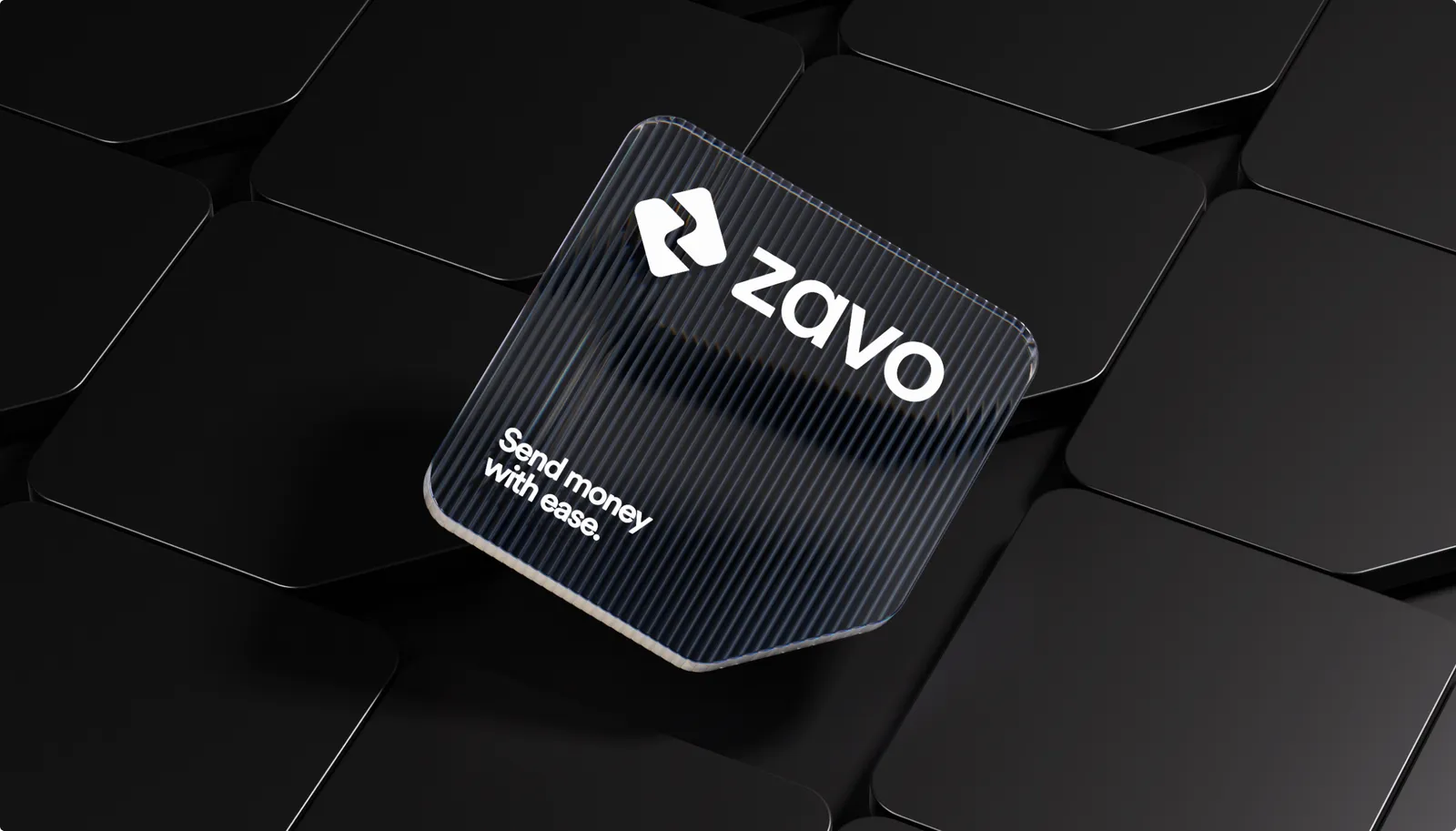 Zavo transparent bank card with a Send money with ease tagline on a faceted black tile background