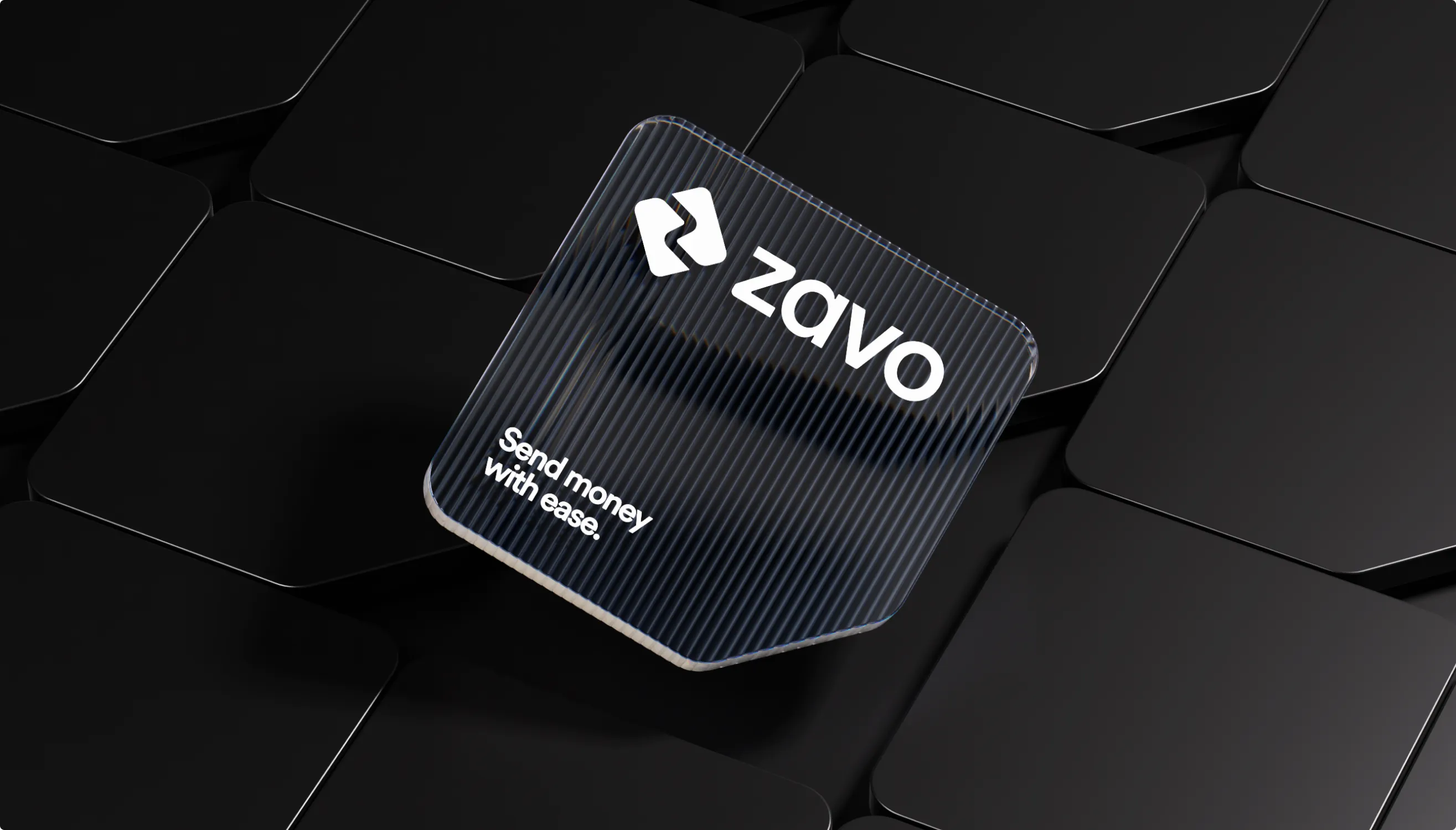 Zavo transparent bank card with a Send money with ease tagline on a faceted black tile background