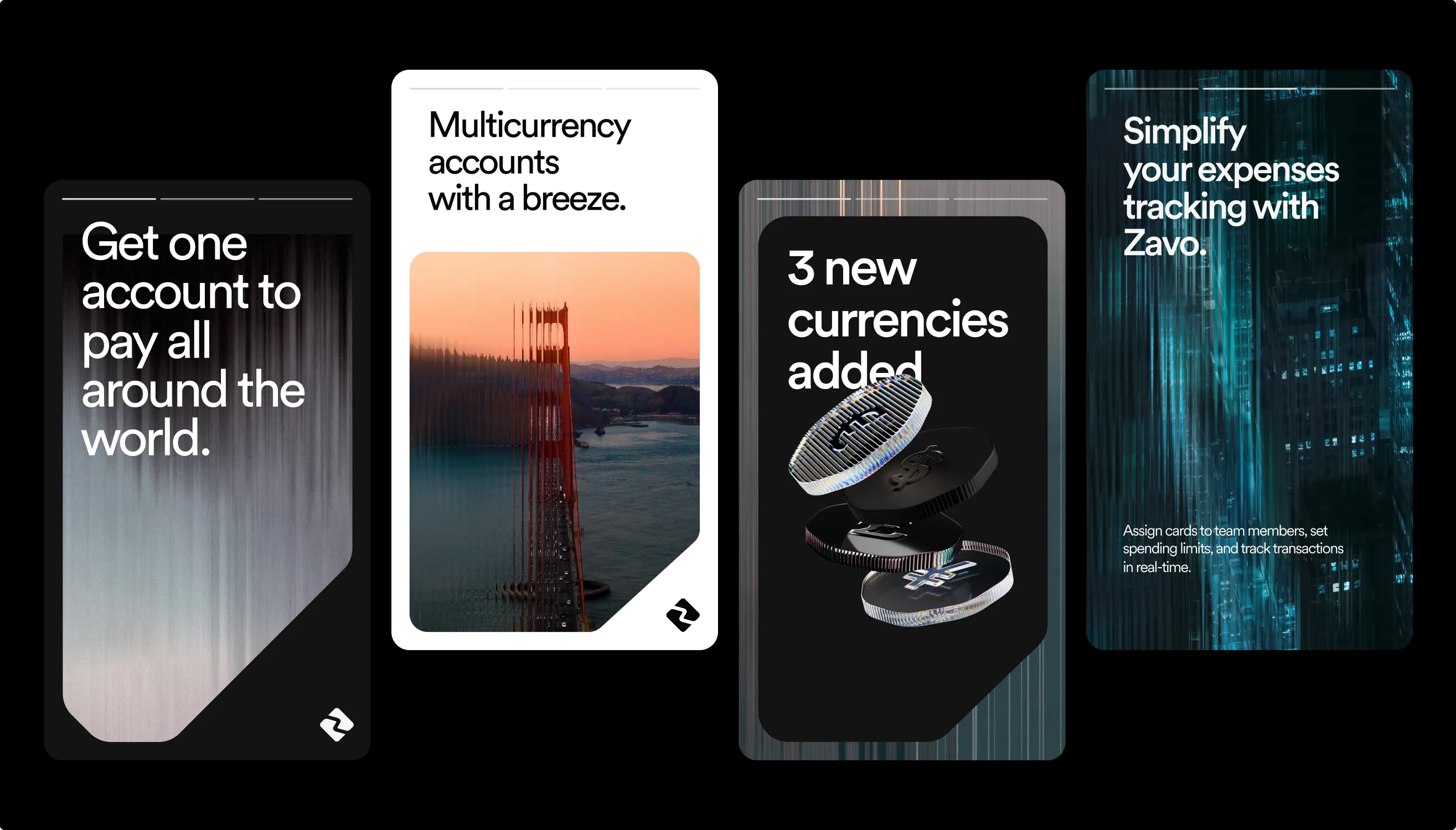Four Zavo story panels: get one account to pay all around the world, multicurrency accounts with a breeze, three new currencies added, and simplify expense tracking