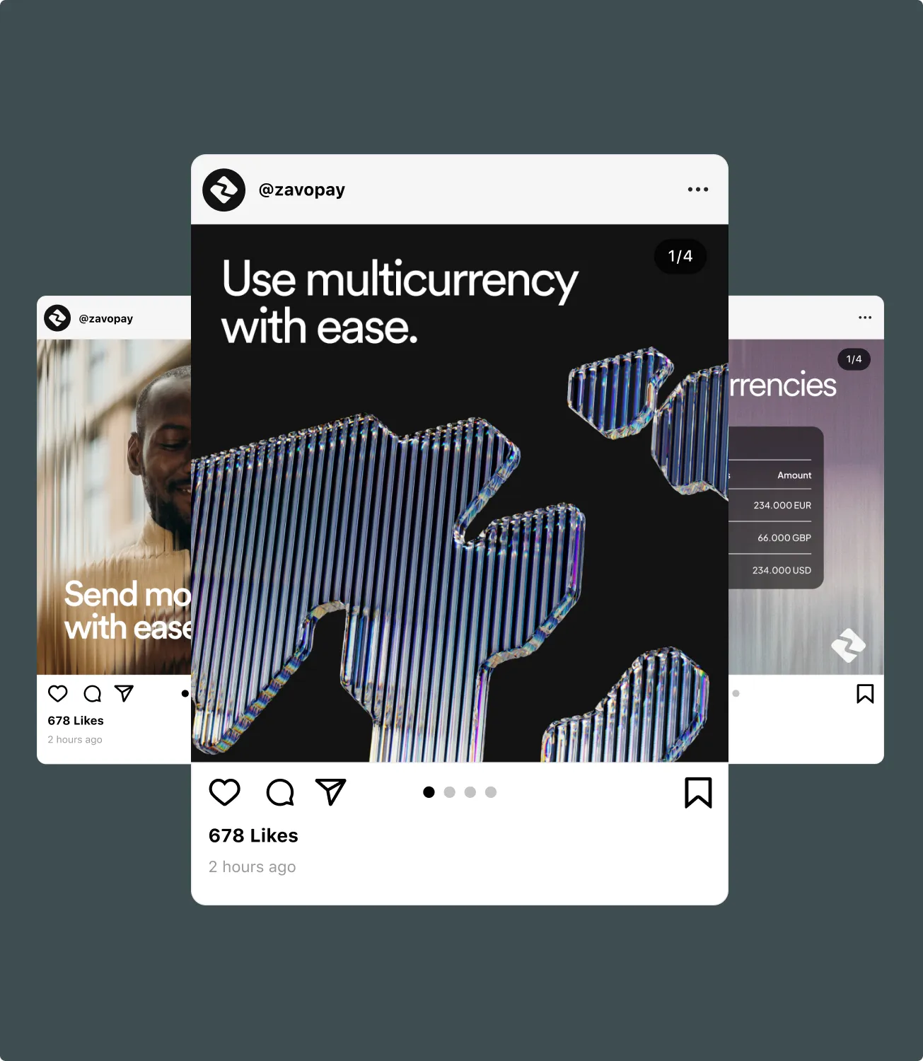 Zavo Instagram post from the zavopay account: use multicurrency with ease over a 3D chrome map illustration