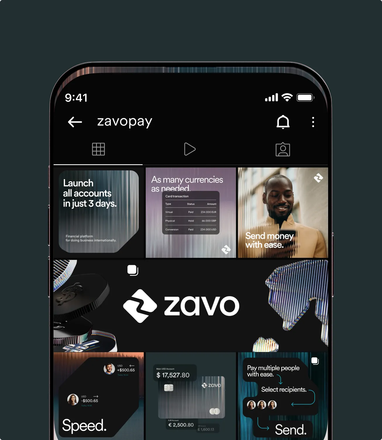 Zavo mobile profile grid on the zavopay social account