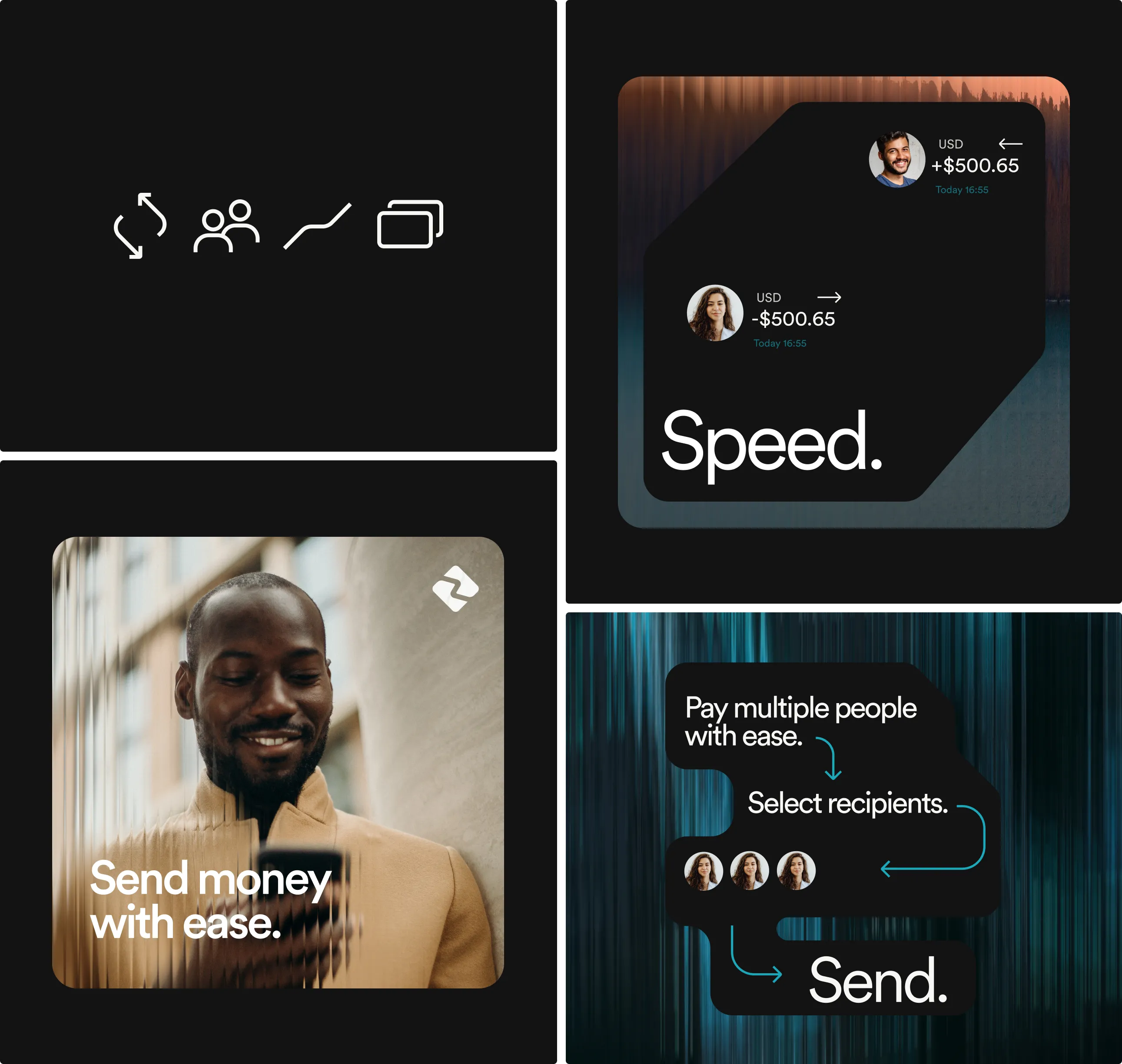 Zavo brand collage: line icons, a Speed transaction card, a man using his phone with Send money with ease, and a Pay multiple people then Send flow