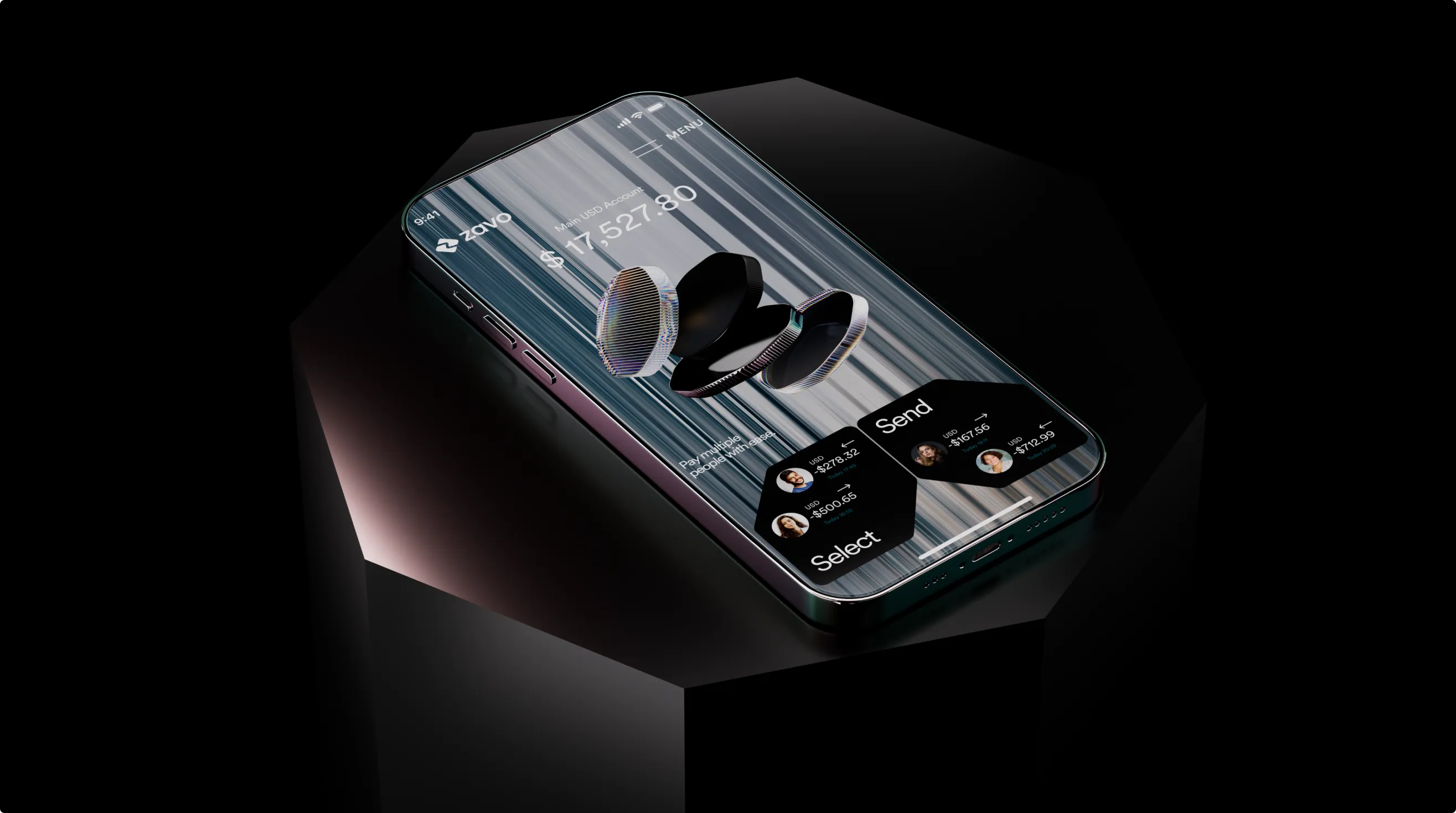 Zavo app on a phone resting on a faceted dark surface showing the Select and Send screens