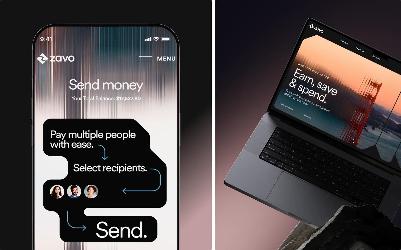 Zavo Send money app on a phone beside a MacBook showing the Earn, save and spend website
