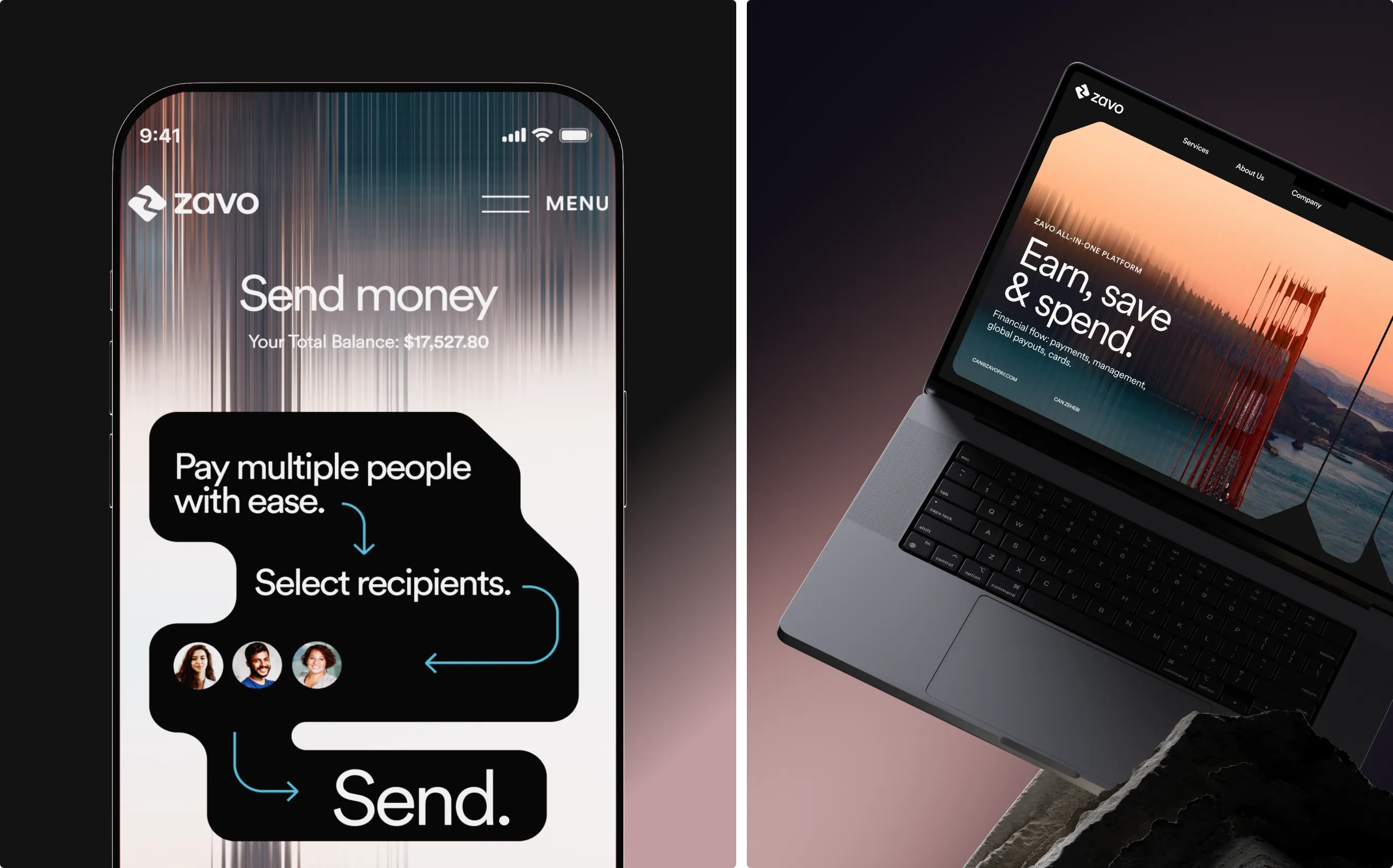 Zavo Send money app on a phone beside a MacBook showing the Earn, save and spend website