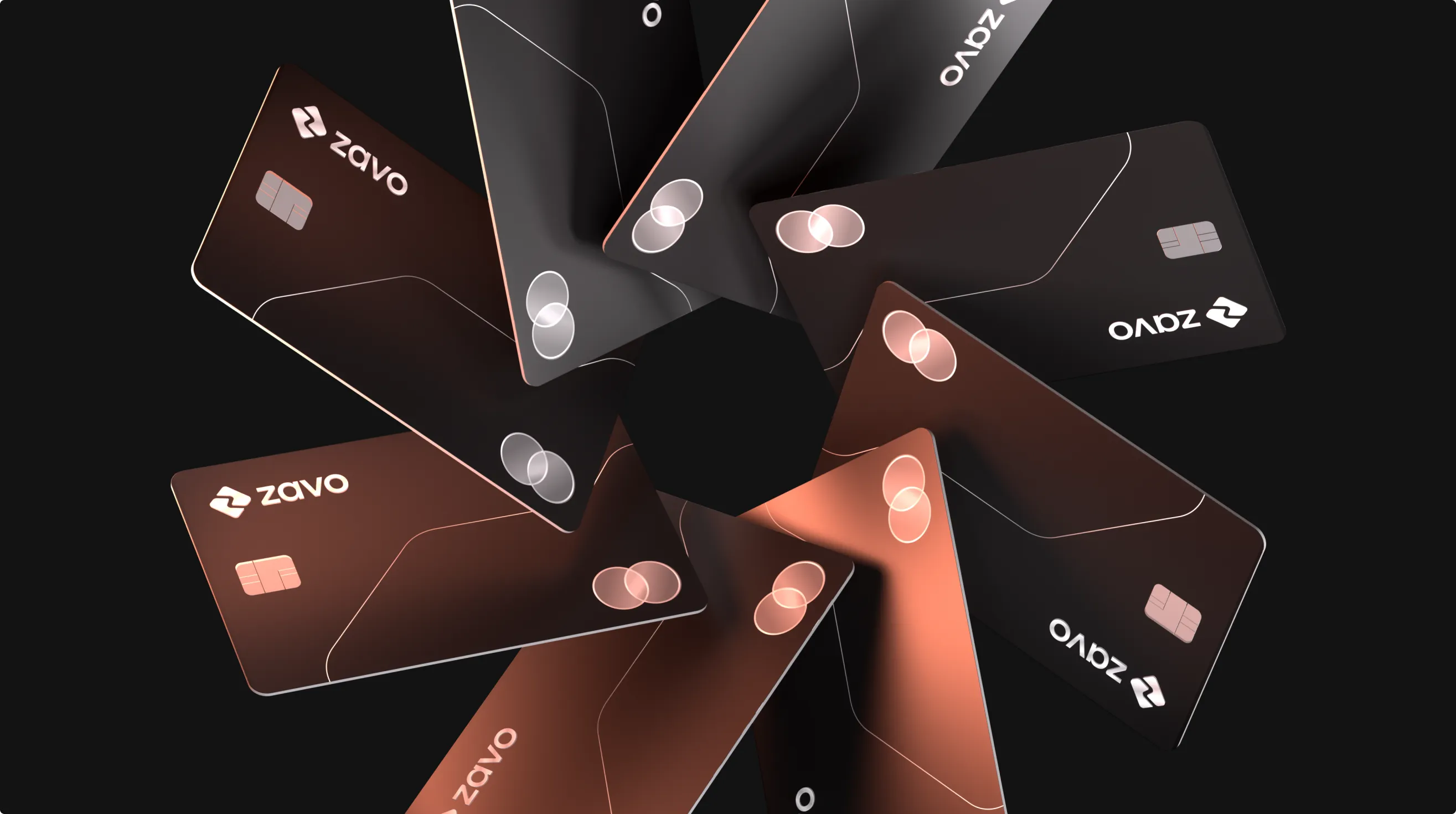 Fan of Zavo copper and black corporate cards on a dark background