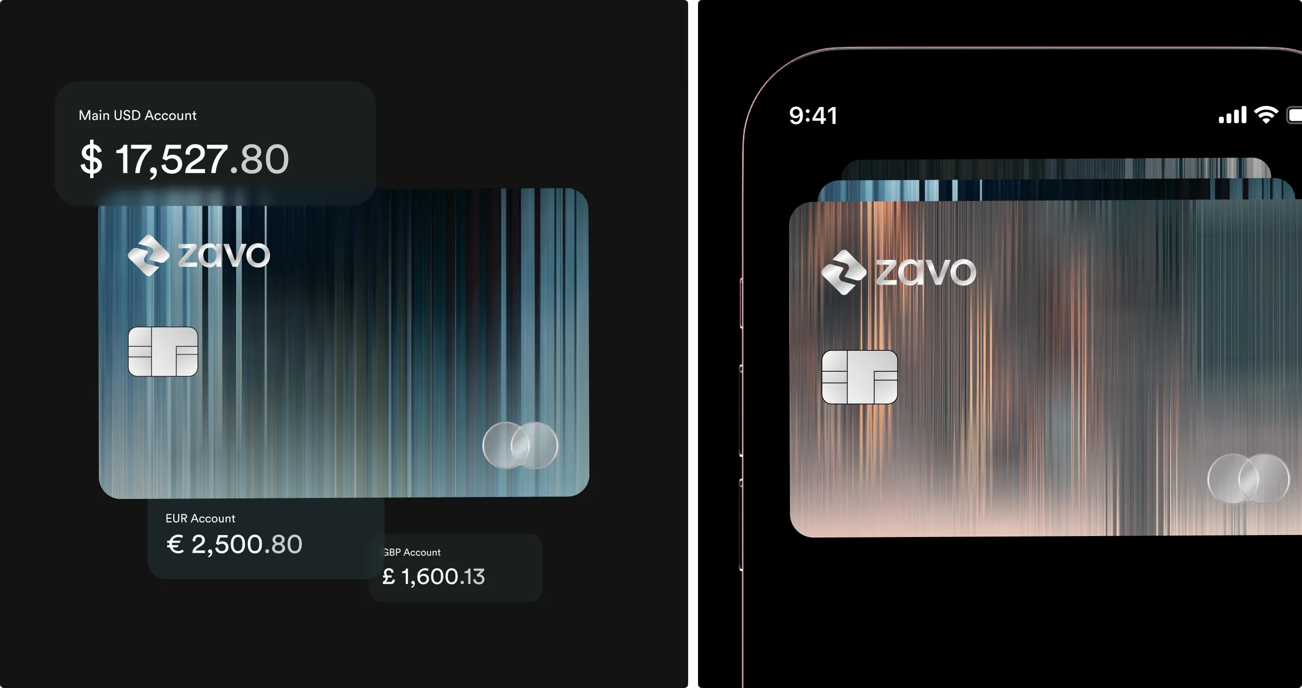 Zavo multicurrency account balances in USD, EUR and GBP with a shimmering bank card
