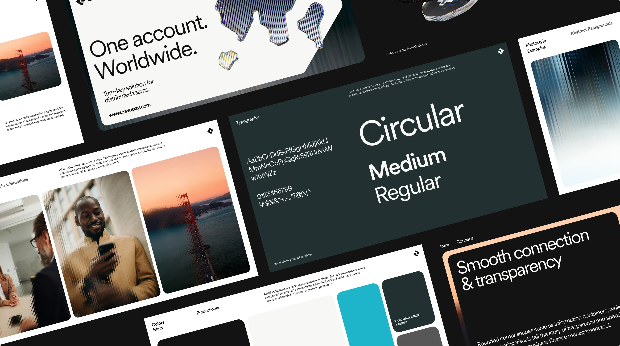 Zavo brand guidelines montage: One account Worldwide, Circular typography specimen, color palette with ZAVO dark green, and photostyle examples