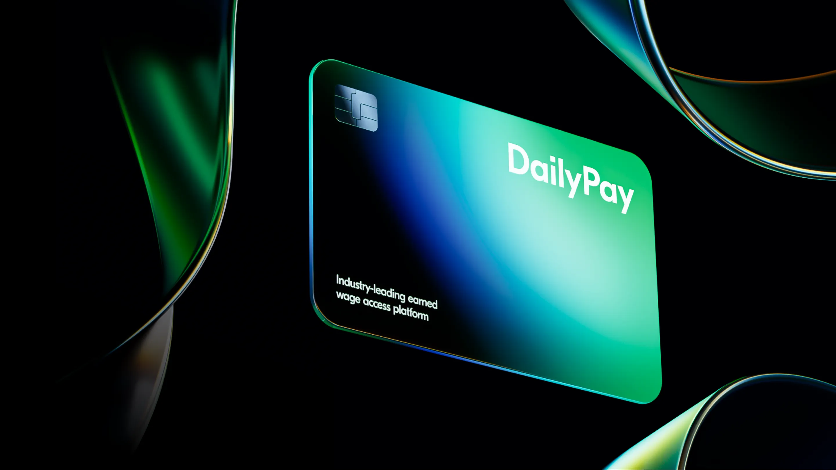 DailyPay card glowing in green and teal on a black background