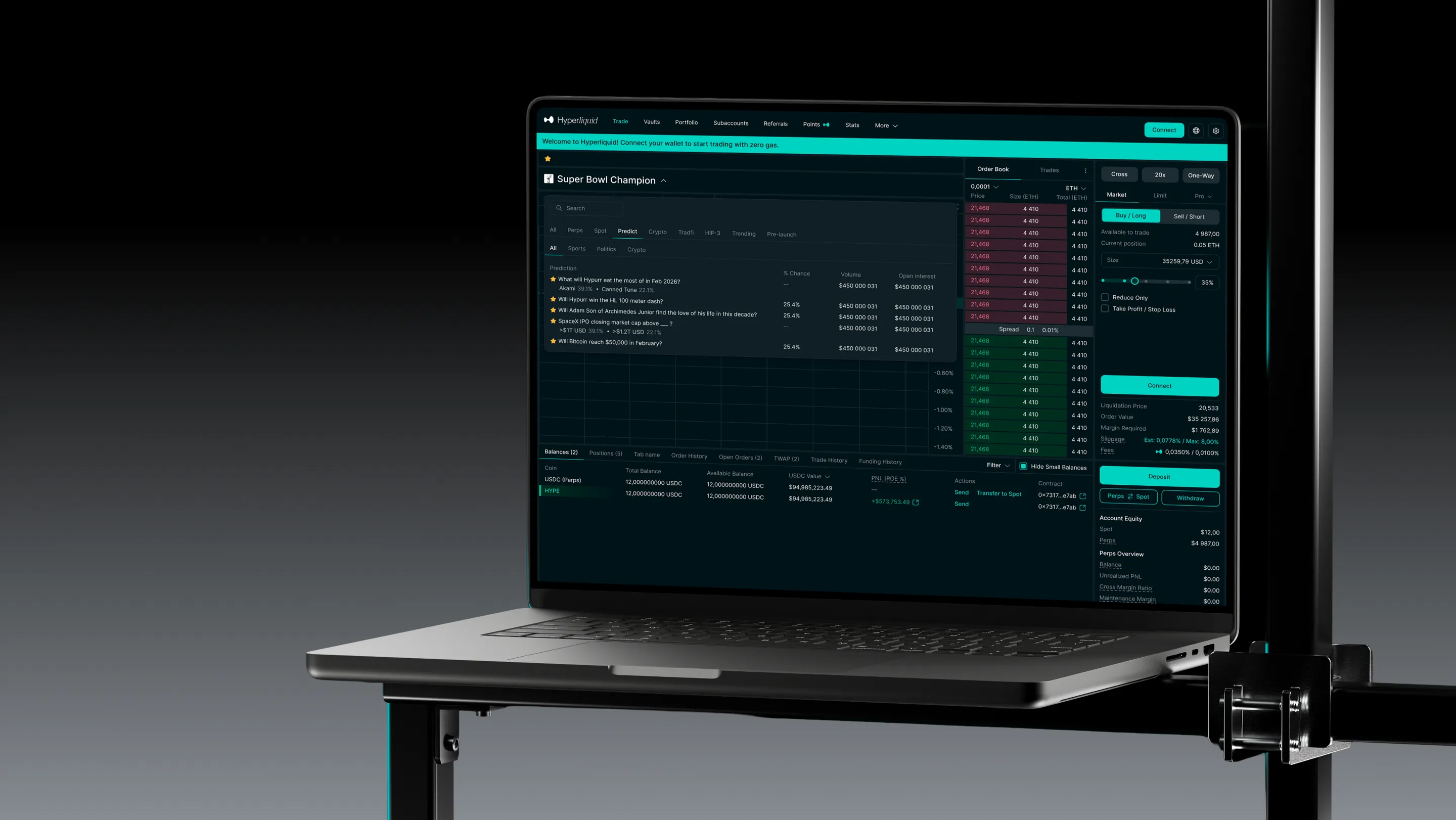 Hyperliquid trading interface on a laptop in a dark studio