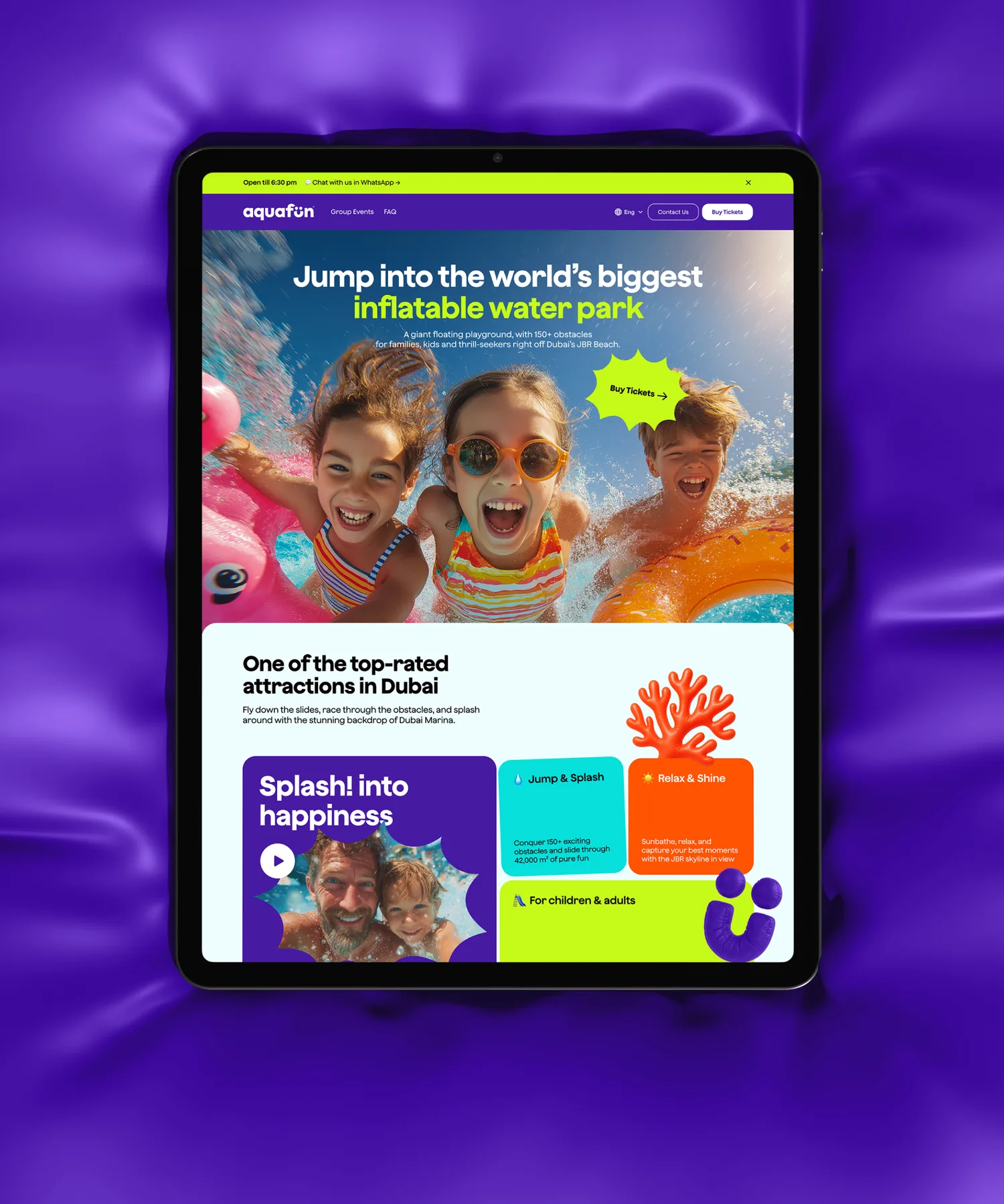 Aquafun website shown on a tablet