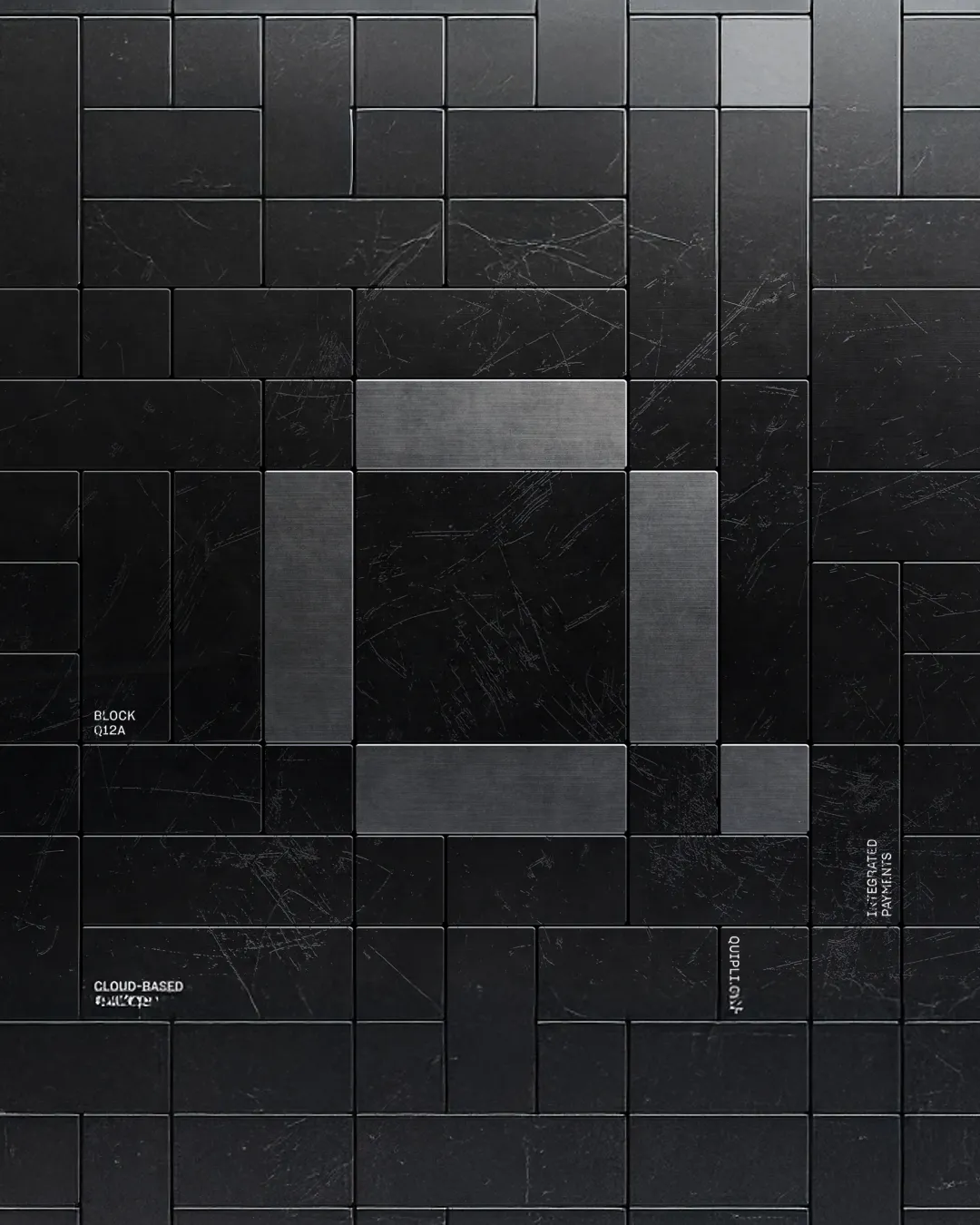 Quipli brand mark formed from dark metal tiles.