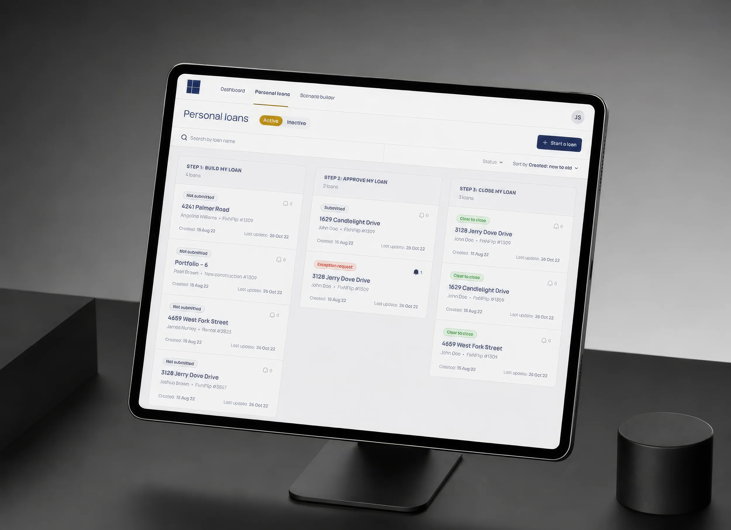 A loan pipeline board on a desktop screen